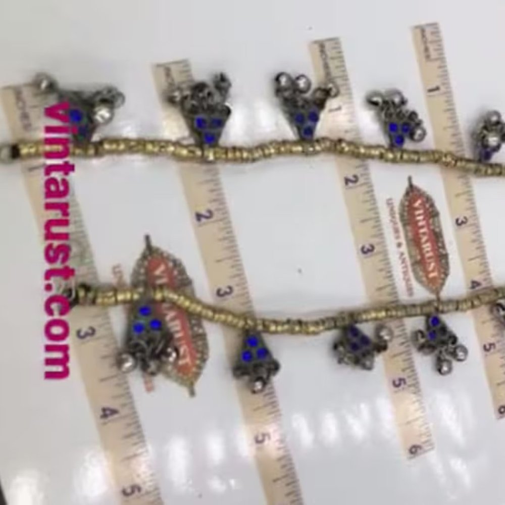 Afghan Glass Stone Anklets: Tribal Boho Bells, Pair